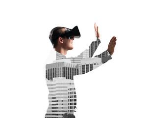 Guy wearing checked shirt and virtual mask stretching hand to touch something