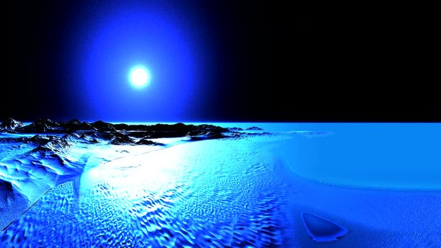 Sun in Halo over the Ice Desert. In the dark starry sky, a bright sun in blue and purple halo. Mountains covered with snow, stand among the icy desert. Bright light reflects off the icy surface.