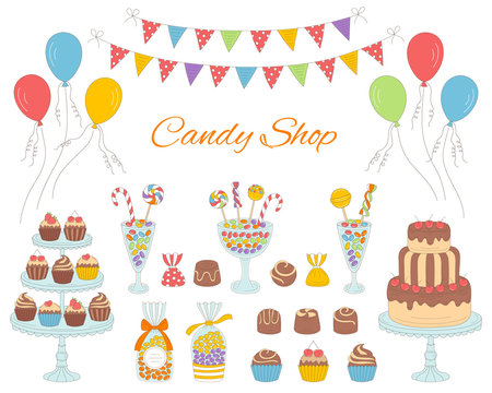 Vector illustration of candy shop, hand drawn doodle style.