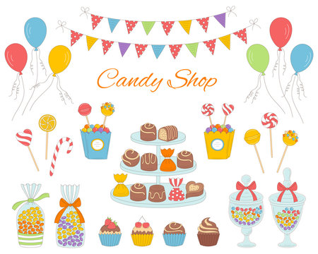 Vector illustration of candy shop with colorful sweets, hand drawn doodle style.