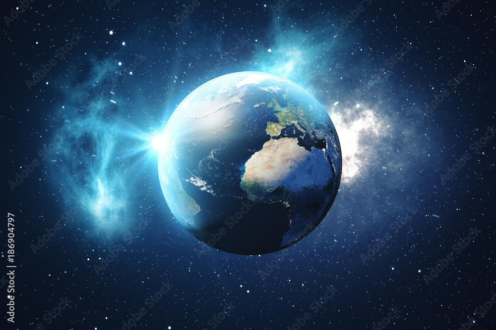 Wall mural 3d rendering world globe from space in a star field showing night sky with stars and nebula. view of