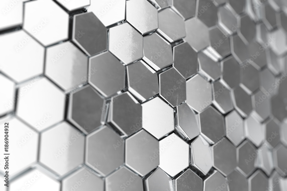 Poster silver abstract hexagonal background with depth of field effect. structure of a large number of hexa