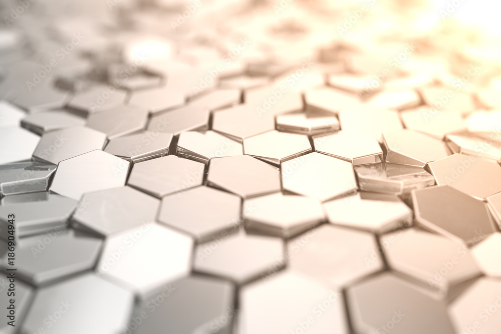 Poster futuristick abstract hexagonal background with depth of field effect. structure of a large number of