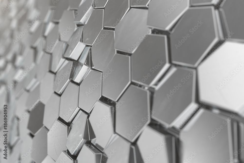 Poster silver abstract hexagonal background with depth of field effect. structure of a large number of hexa