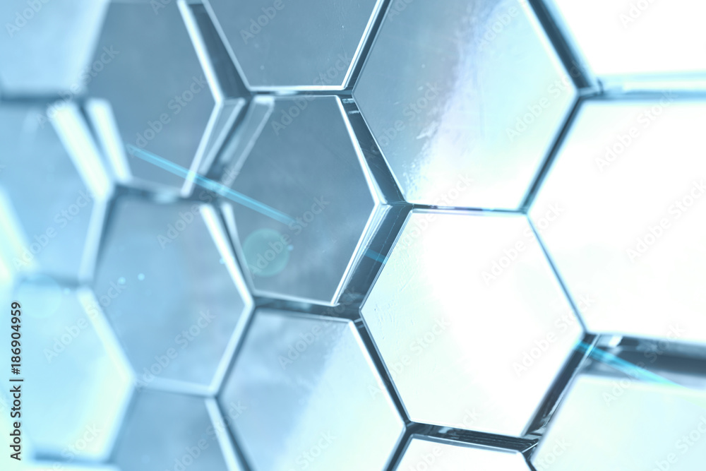 Poster futuristick abstract hexagonal background with depth of field effect. structure of a large number of