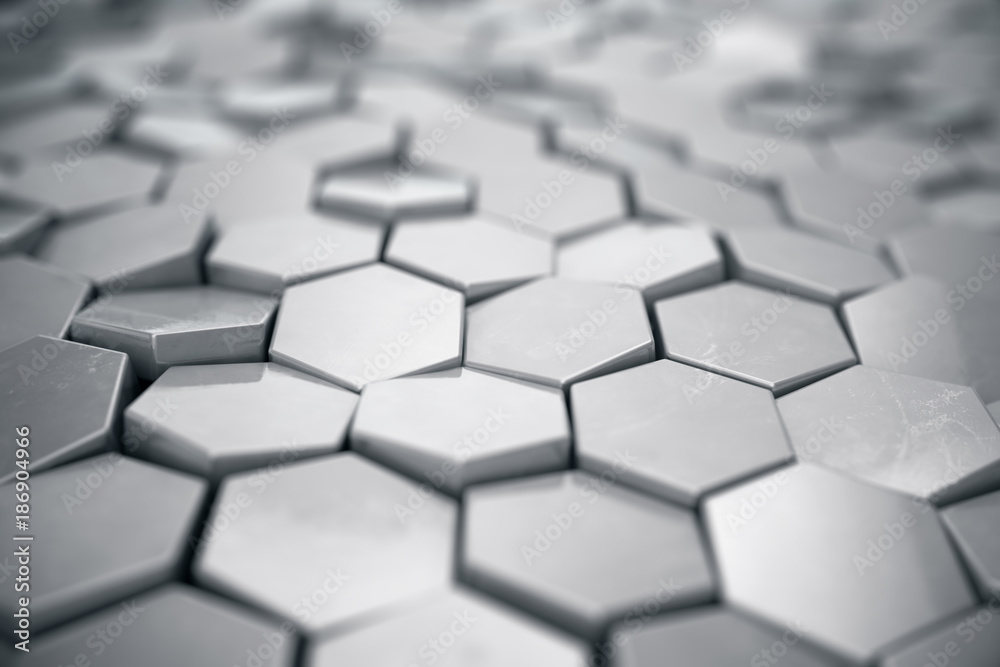 Poster silver abstract hexagonal background with depth of field effect. structure of a large number of hexa