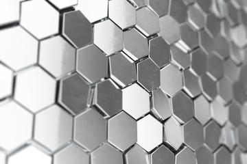 Silver abstract hexagonal background with depth of field effect. Structure of a large number of hexagons. Steel honeycomb wall texture, shiny hexagon clusters background, 3D rendering