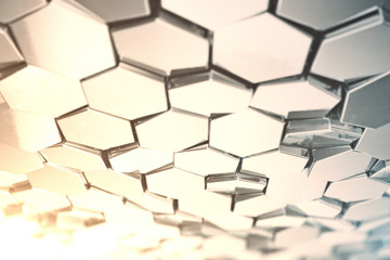 Futuristick abstract hexagonal background with depth of field effect. Structure of a large number of hexagons. Steel honeycomb wall texture, shiny hexagon clusters background, 3D rendering