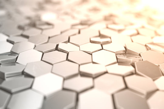 Futuristick abstract hexagonal background with depth of field effect. Structure of a large number of hexagons. Steel honeycomb wall texture, shiny hexagon clusters background, 3D rendering