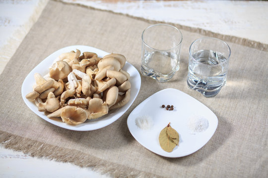 Marinated mushrooms champignons on a plate on a gray background