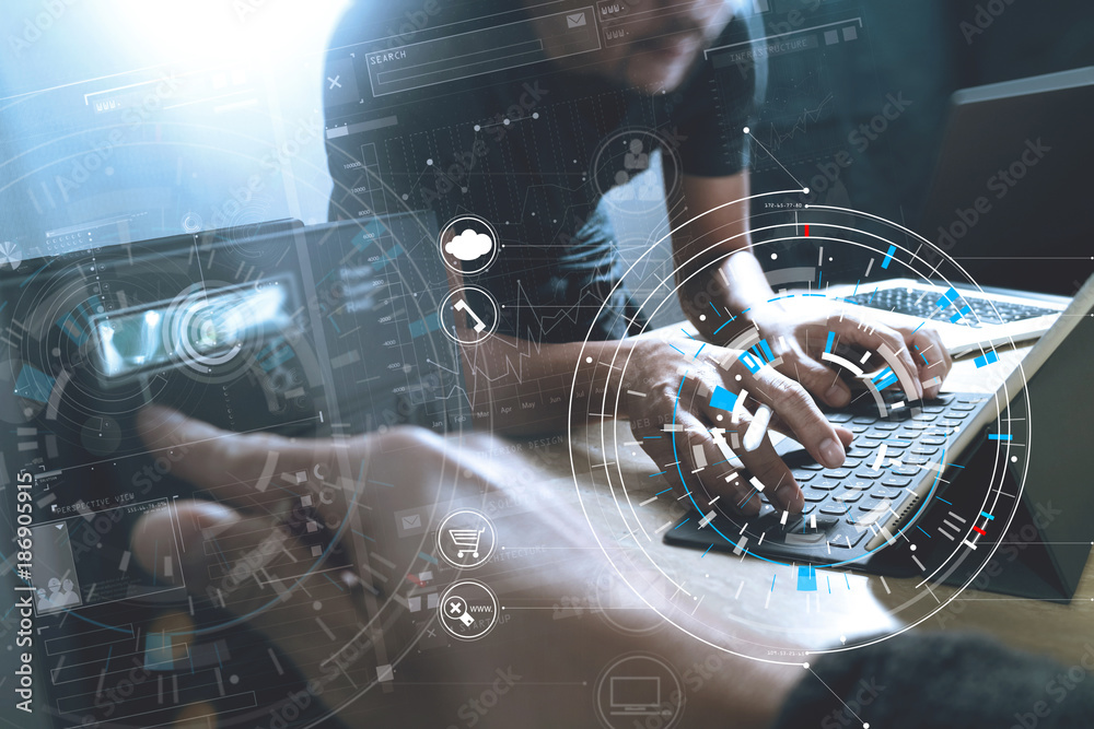 Poster Developing programming and coding technologies. Website Team design. Cyber space content.Big data concept with VR diagram.