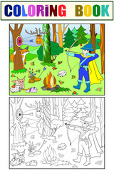 Children color, white and black arrow in the forest with animals