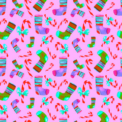 Beautiful Seamless Christmas Pattern. Hand Drawn Watercolor Illustration. Background for your design of Greeting Card, Invitations, Poster. Wonderful Print for Wrapping Paper, Fabric, Tiles, Wallpaper