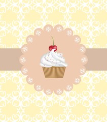 Cupcake with cherry on ornamental background, vector