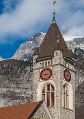 Reformed Church, of Walenstadt,  with the Churfirsten mountain range in the background,...