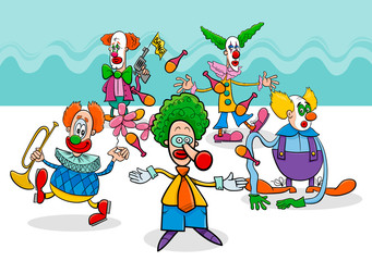 Fototapeta na wymiar circus clowns cartoon characters group
