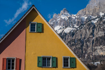 Old town of Walenstadt with the Churfirsten mountain range in the background, Sarganserland, Canton of St. Gallen, Switzerland.
