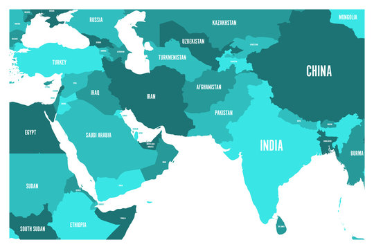 Political map of South Asia and Middle East countries. Simple flat vector map in four shades of turquoise blue.