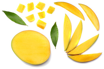 mango slice with green leaves isolated on white background. top view
