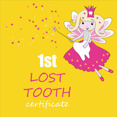 Tooth fairy with magic stick and stars. Vector illustration on yellow background. First tooth certificate. Greeting card