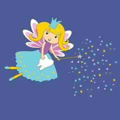 Vector illustration of Tooth fairy with magic wand and stars on blue background. First tooth certificate.