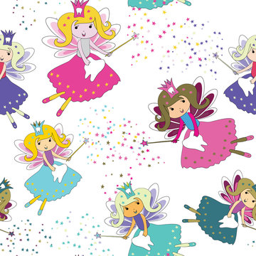 Tooth fairies with magic wands and stars around. Seamless pattern. Vector illustration on white background
