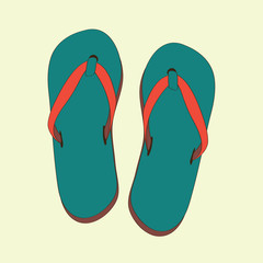 Summer green flip flops. Vector illustration on light yellow background