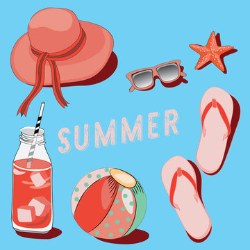 Summer hat, sunglasses, ice lemonade, ball and flip-flops, Summer set on the beach. Vector illustration on blue background