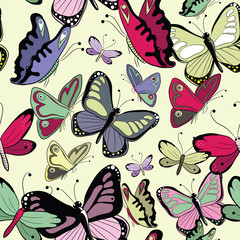 Colorful butterflies seamless pattern. Vector illustrattion on yellow background