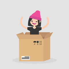 Young cheerful character jumping out of the cardboard box. Delivery service. Concept. Flat editable vector illustration, clip art