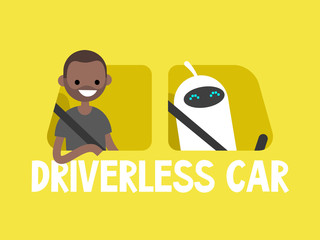 Self-driving car concept. Cute white robot driving a taxi. African american passenger sitting on a back seat. Flat editable vector illustration, clip art
