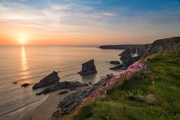 Bedruthan steps at sunset