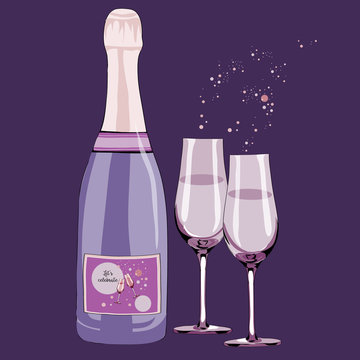 Bottle with two glasses and bubbles. Vector illustration on violet background