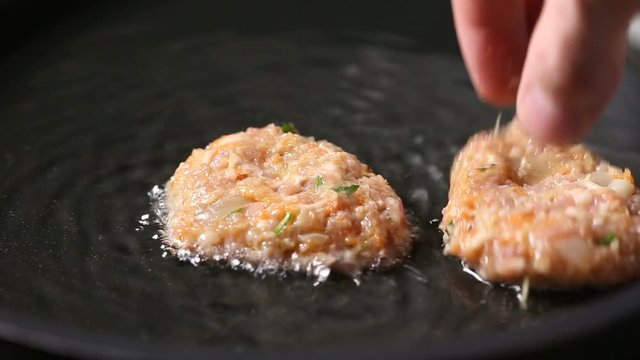 Meatballs Frying In Oil On A Frying Pan, Unhealthy Meal Food