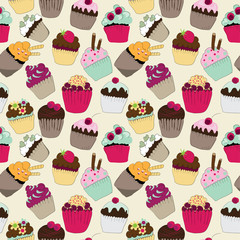 Seamless pattern of colorful cupcakes and muffins. Vector illustration on vanilla background
