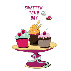 Muffins and cupcakes on tray. Sweeten your day. Vector illustration on white background