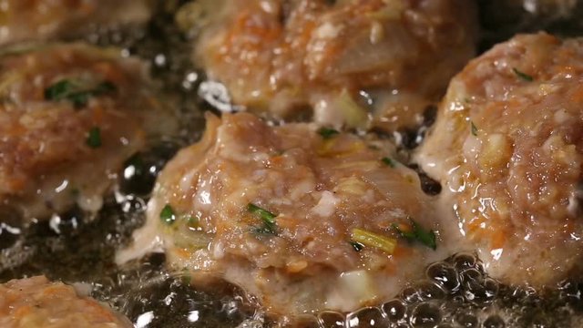 Meatballs Frying In Oil On A Frying Pan, Unhealthy Meal Food