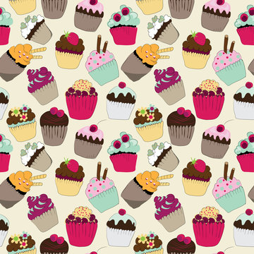 Seamless pattern of colorful cupcakes and muffins. Vector illustration on vanilla background