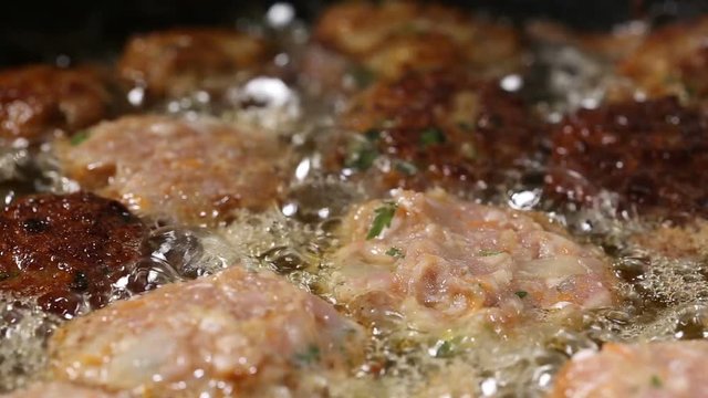 Meatballs Frying In Oil On A Frying Pan, Unhealthy Meal Food