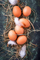 Raw chicken eggs on straw