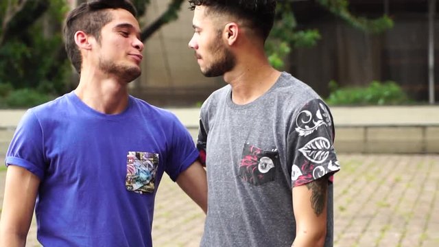 Gay Couple Walking and Kissing