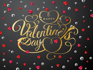 Happy Valentines day greeting card. Gold font composition with arrow, red hearts, silver beads isolated on background. Vector Holiday romantic illustration. Wallpaper, flyer, invitation, poster