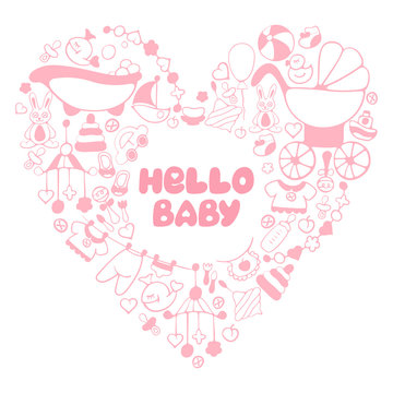Heart frame with baby shower elements. Hello baby. Suitable for invitation card or flyer