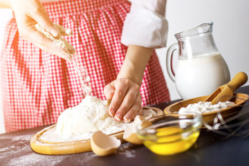 Making dough by female hands at bakery