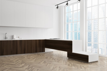 White and wooden kitchen, side view