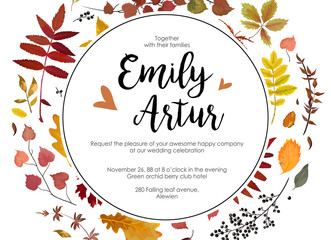 Wedding Autumn fall invite invitation floral watercolor style card design: colorful various orange yellow red leaves forest oak tree natural branch circle wreath Visit card postcard border, copy space