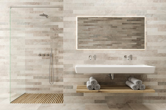 White wooden bathroom, double sink, shower
