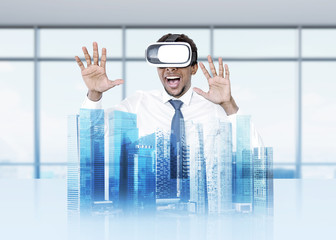 African American man in VR glasses, city