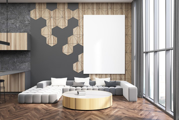 Gray and wooden living room, gray sofa