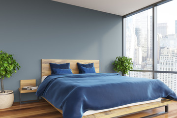 Fototapeta Gray bedroom, blue bed obraz
